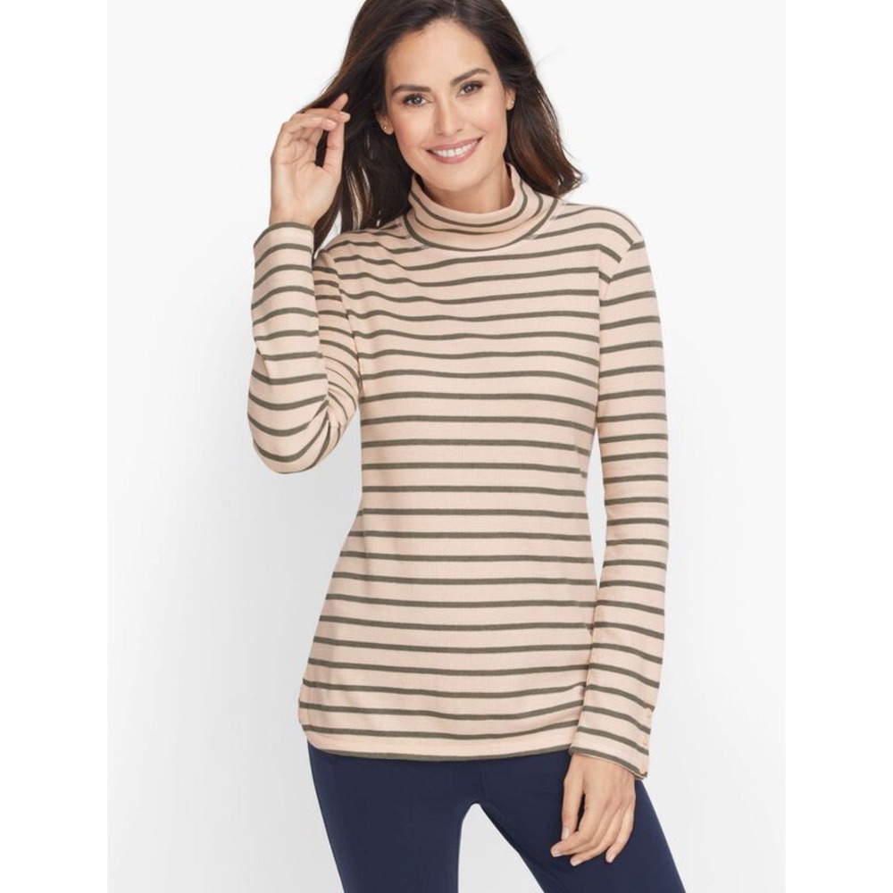 Talbots Beige/pale pink and Olive Striped Turtleneck Sweater